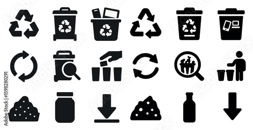 Recycling solid icons set – filled, waste management and eco-friendly symbols