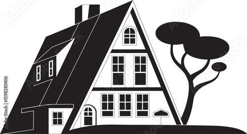 A-Frame Silhouette: A striking black and white silhouette of a charming A-frame house, its angular roofline and symmetrical windows a testament to architectural design, alongside a stylized tree.