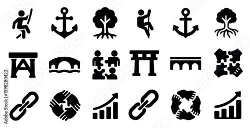 Teamwork and collaboration solid icons set – filled, flat, partnership symbols