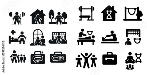 Fitness and wellness filled icons set – solid, silhouette, exercise and gym symbols
