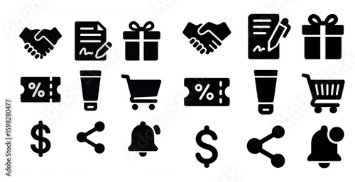 Business and commerce solid icons set – filled, contract, marketing and sales symbols