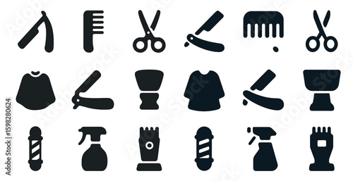 Barber tools solid icons set – grooming, filled, haircut and styling symbols
