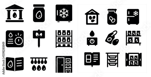 Food and beverage solid icons set – filled, preservation, and storage symbols