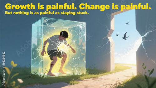 A man is trapped in a box with a quote that says growth is painful, change is painful, but nothing is as painful as staying stuck