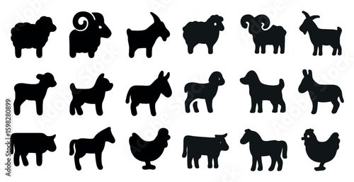 Farm animals silhouette icons set – flat, outline, livestock and domestic creature symbols