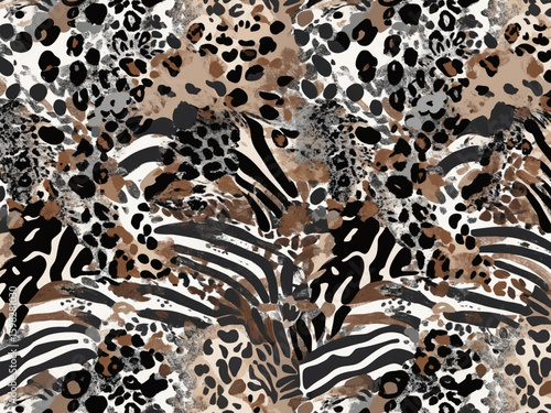 Wild seamless pattern mixing zebra stripes and leopard spots. Abstract animal print design for fashion, textile, or background.