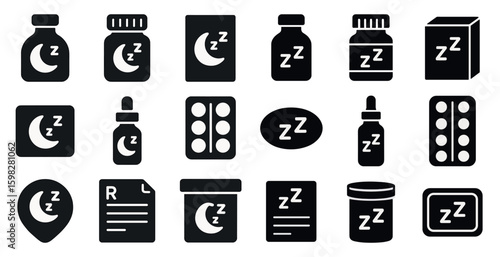 Sleep aid silhouette icons set – solid, filled, nighttime wellness symbols