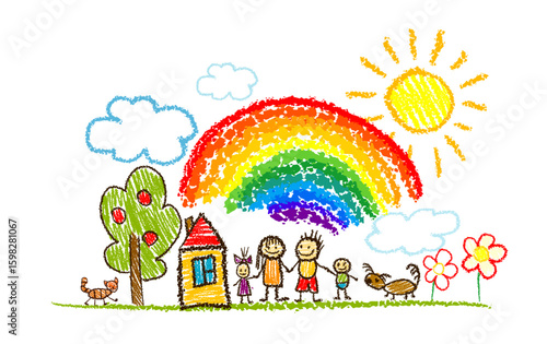 Family children's drawing with colored pencils. hand drawn. Not AI, Vector illustration.