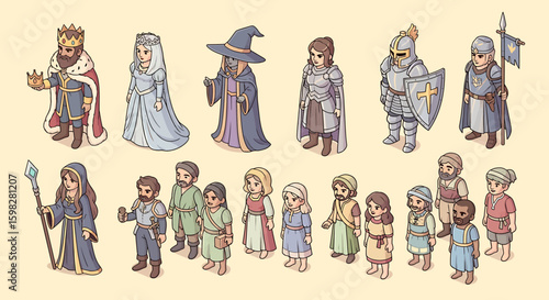 Collection of stylized medieval characters in various costumes, from royalty to common folk.