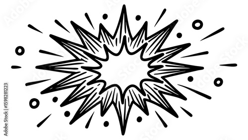 Illustration of a black and white starburst with radiating lines and circular accents around the central shape created with generated ai