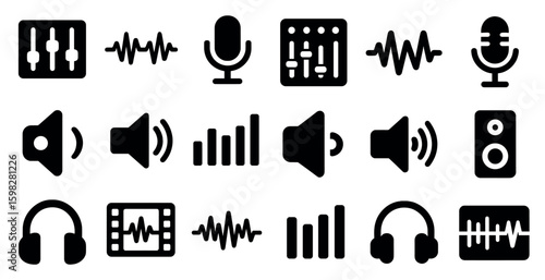 Audio and music solid icons set – filled, sound, recording and studio symbols