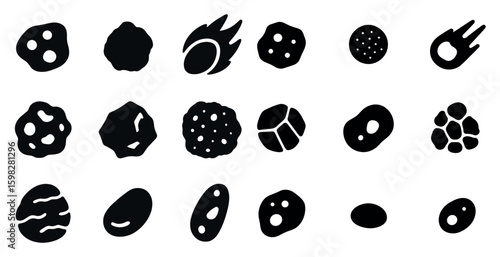 Asteroid and meteor solid icons set – silhouette, space, celestial symbols