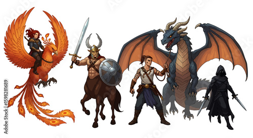 Fantasy artwork featuring a diverse group of mythical warriors and creatures ready for battle.