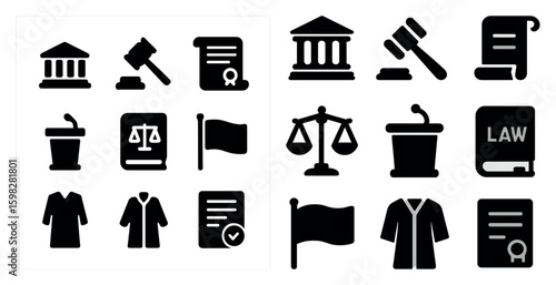 Law and justice solid icons set – filled, legal, court and judiciary symbols