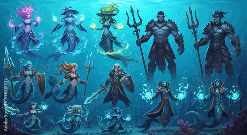 Diverse underwater merfolk characters, various poses and attributes, displayed in a vibrant aquatic environment.