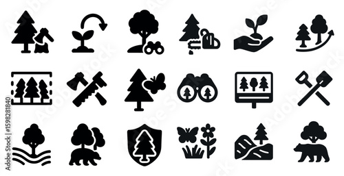 Nature and forestry filled icons set – solid, environment, wildlife symbols
