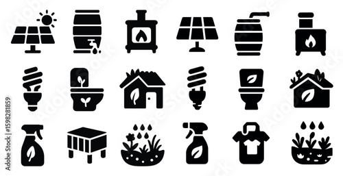 Eco-friendly living silhouette icons set – solid, sustainable, green lifestyle symbols