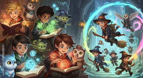 A group of young wizards and magical creatures are practicing spells and flying on brooms.