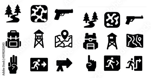 Military and tactical solid icons set – silhouette, filled, map and navigation symbols