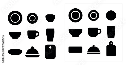 Kitchen and dining silhouette icons set – flat, solid, cooking and tableware symbols