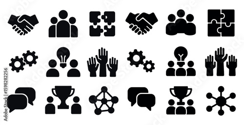 Teamwork and collaboration icons set – solid, filled, business and partnership symbols