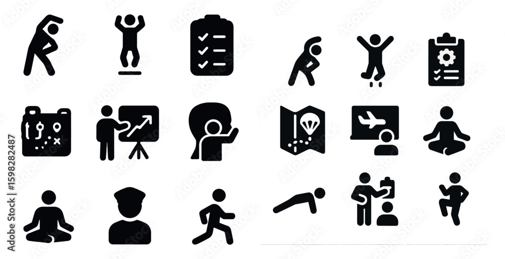 Obraz premium Fitness and exercise solid icons set – filled, workout and activity symbols