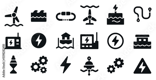 Renewable energy icons set – solid, filled, eco-friendly power symbols