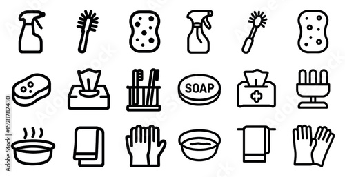 Cleaning and hygiene line icons set – outline, sanitation and cleaning symbols