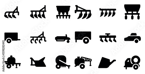 Agricultural equipment icons set – solid, farm machinery, tractor symbols