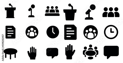 Public speaking solid icons set – silhouette, filled, presentation and meeting symbols