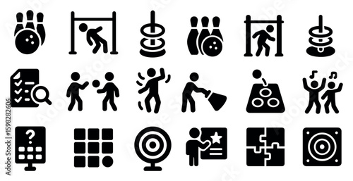 Bowling silhouette icons set – solid, filled, game and sports activity symbols