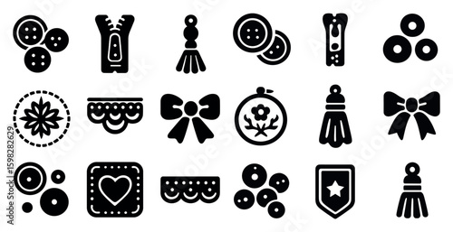 Fashion design elements icons set – solid, decorative, sewing symbols