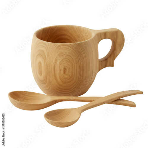 Wooden Cup and Spoons Isolated on Transparent Background