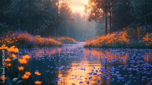 Serene sunset over a tranquil river, vibrant wildflowers lining its banks, reflecting in the still water