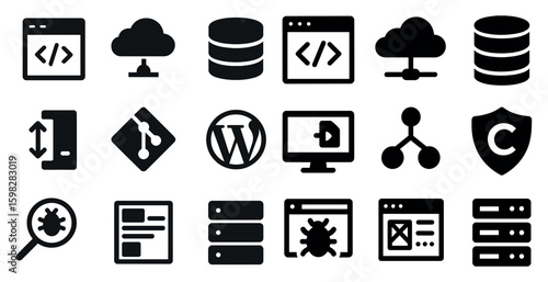 Web development solid icons set – filled design, coding, and tech symbols
