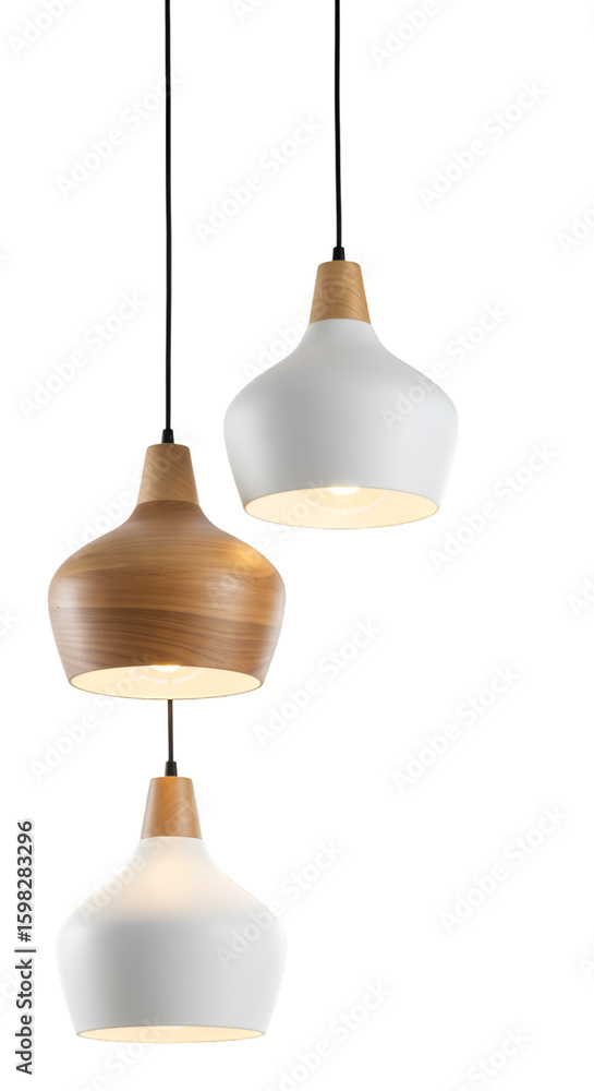 Obraz premium Three Modern Wood and White Pendant Lights on Transparent Background