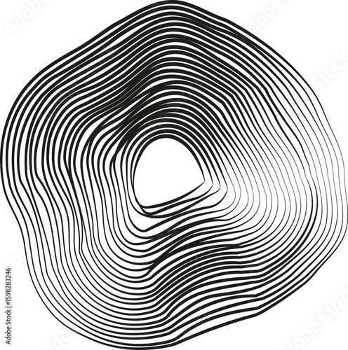 A circular design with a triangular hole at its center, formed by geometric lines and organic patterns.