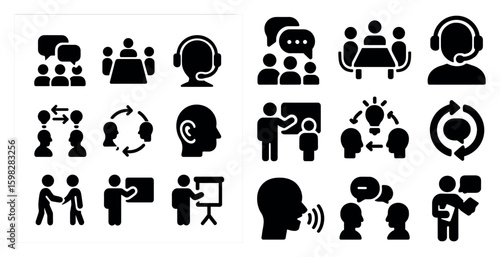 Communication solid icons set – silhouette, conversation and dialogue symbols
