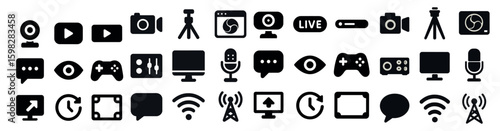 Media and streaming silhouette icons set – filled, solid, broadcast and digital tools