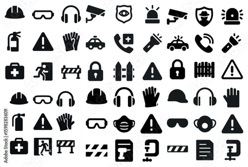 Comprehensive safety and security icons set – filled, solid, protection symbols