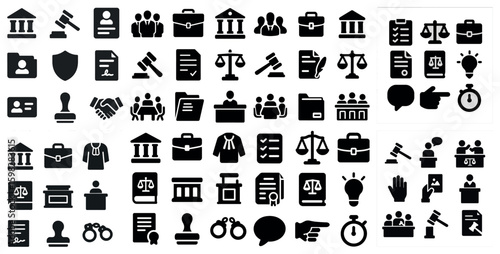 Legal and justice filled icons set – solid, courtroom, legal symbols