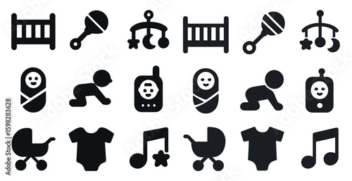 Baby and nursery solid icons set – filled, outline, parenting and childcare symbols