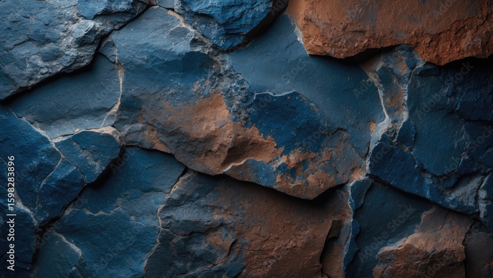Naklejka premium Close-up of rugged rocks with varying shades of blue and brown, showcasing textured and layered stone surface.