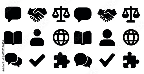 Communication and law solid icons set – silhouette, filled, conversation symbols