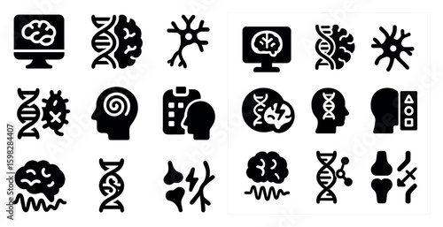 Brain science solid icons set – neuroscience, cognitive symbols, mental health