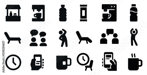 Fitness and relaxation silhouette icons set – wellness, exercise, lifestyle symbols