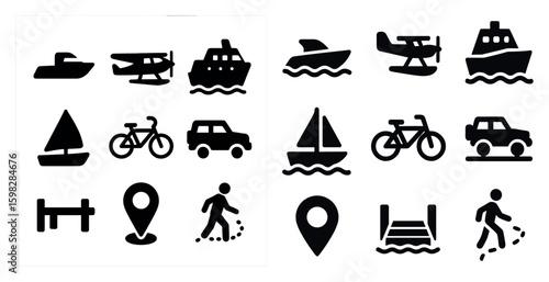 Transportation solid icons set – travel, vehicle, map and location symbols