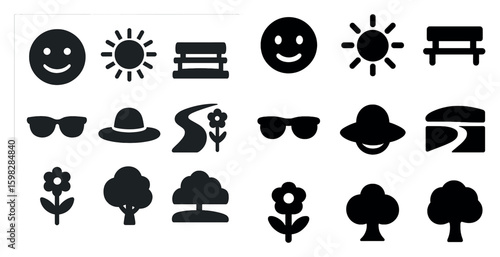 Outdoor and nature icons set – silhouette, solid, garden and park symbols