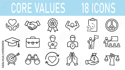Core Values Vector Icon Set | Outline | Integrity, Trust, Leadership, Education, Equality
