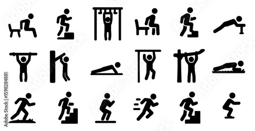 Fitness and exercise icons set – solid, silhouette, workout and training symbols